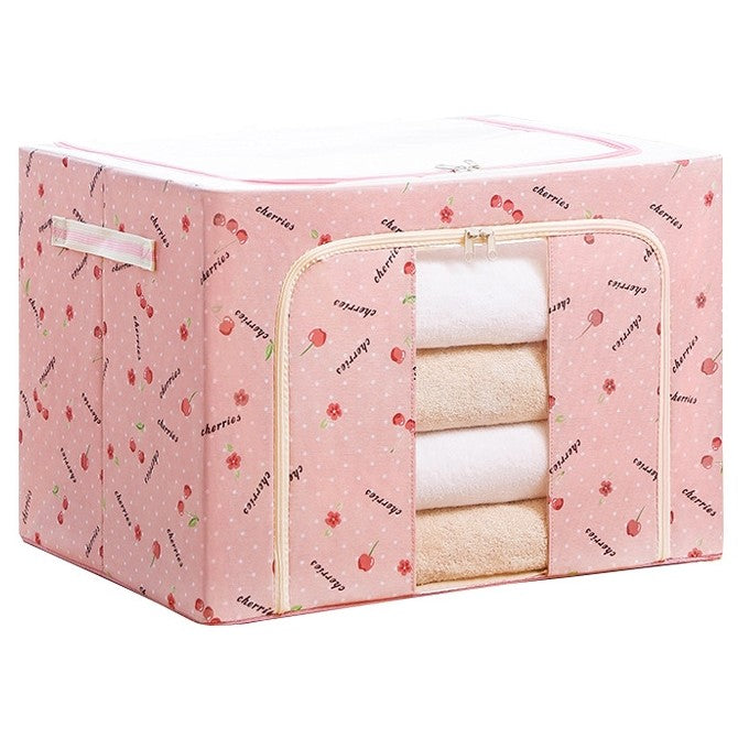 Cutie de depozitare pliabila cu fermoar 100L material textil 60x42x40cm Imprimeu Cireșe Roz