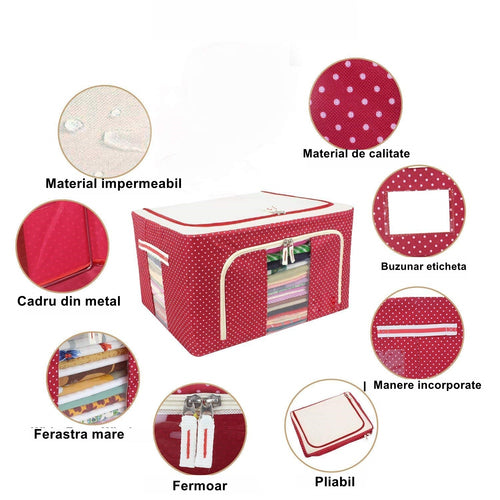 Cutie de depozitare pliabila cu fermoar 100L material textil 60x42x40cm Imprimeu Buline ROSU