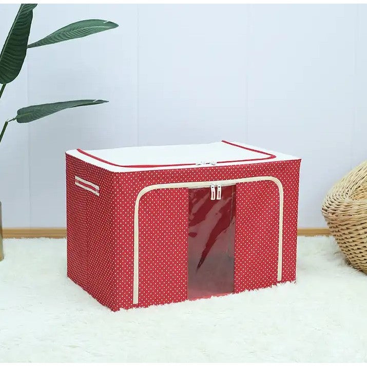 Cutie de depozitare pliabila, 24L, din bumbac si in 40x30x20cm , 2 ferestre , frontală si laterala IMPRIMEU BULINE, ROSU