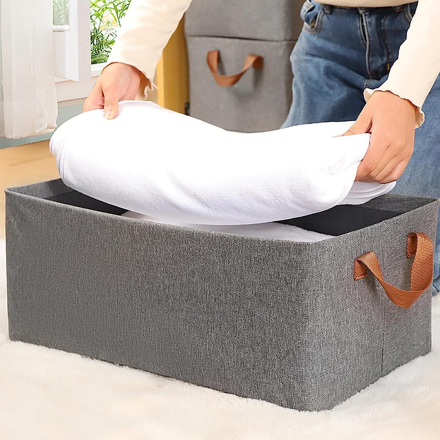 Cutie de Depozitare Tip Coș, Pliabilă, Material Textil, Maro, 35L