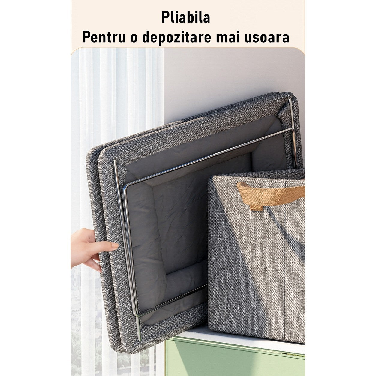 Cutie de Depozitare Tip Cos,  Material Textil, Pliabila, 47x35x30 cm, 50 l, Cadru Metalic, cu Manere, Gri