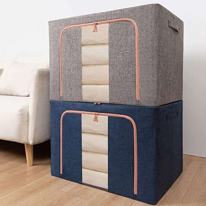 Cutie de depozitare pliabila, 24L, din bumbac si in 40x30x20cm , 2 ferestre , frontală si laterala ALBASTRU MARIN