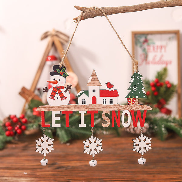 Decorațiune de Crăciun din lemn cu șnur pentru agățare - Model Om de Zapada, „Let It Snow”