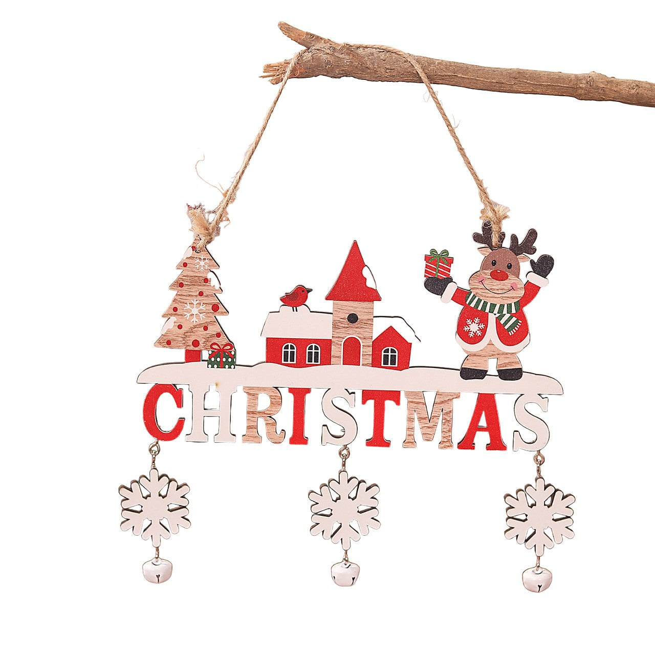 Decorațiune de Crăciun din lemn cu șnur pentru agățare - Model Ren, „Christmas”