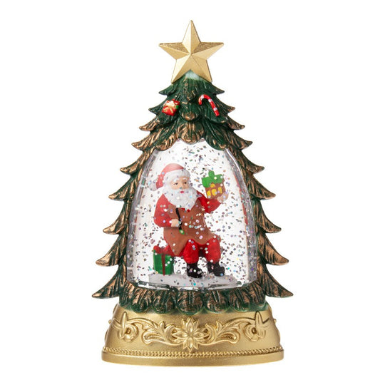 Decoratiune de Craciun tip Brad, Glob de Cristal cu Fulgi de Zapada, Iluminare LED, 16 cm
