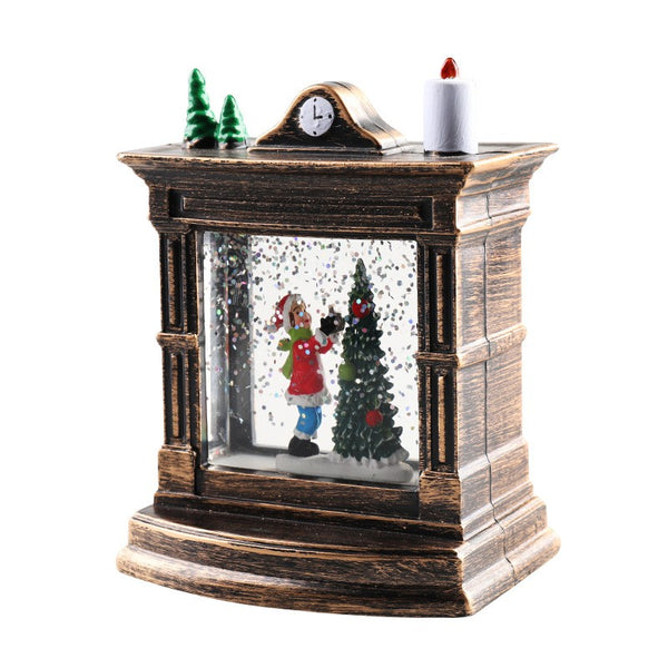 Decoratiune de Craciun tip Semineu / Ceas, Glob de Cristal cu Fulgi de Zapada, 12cm