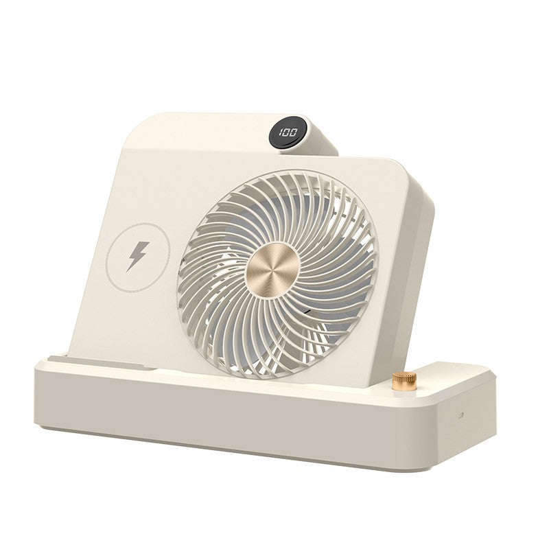 Ventilator Smart 2 în 1 MaisonElise – 100 Trepte de Viteză, Încărcare Wireless Telefon, Afișaj Digital, 2400 mAh, Ultra Silențios, USB-C, Bej, 25 x 16.5 x 24 cm