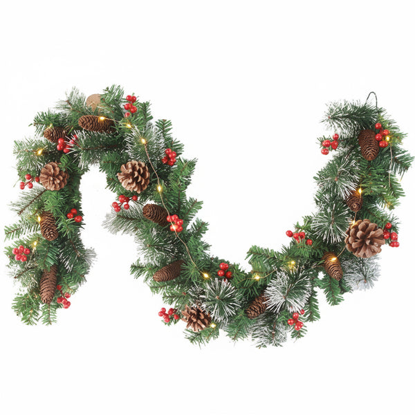 Ghirlanda de Crăciun cu vârfuri ninse, conuri si merișoare, Instalație LED 180cm