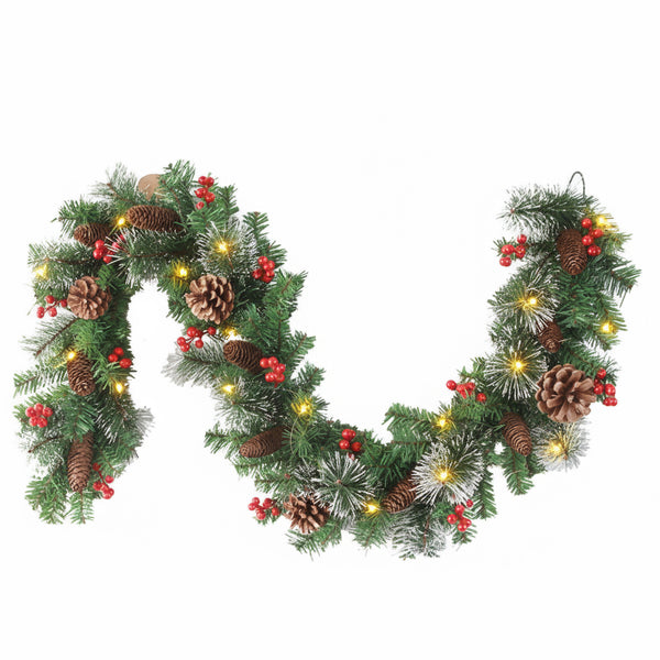 Ghirlanda de Crăciun model imperial, 270cm, Conuri, Merișoare, Vârfuri ninse si instalație LED