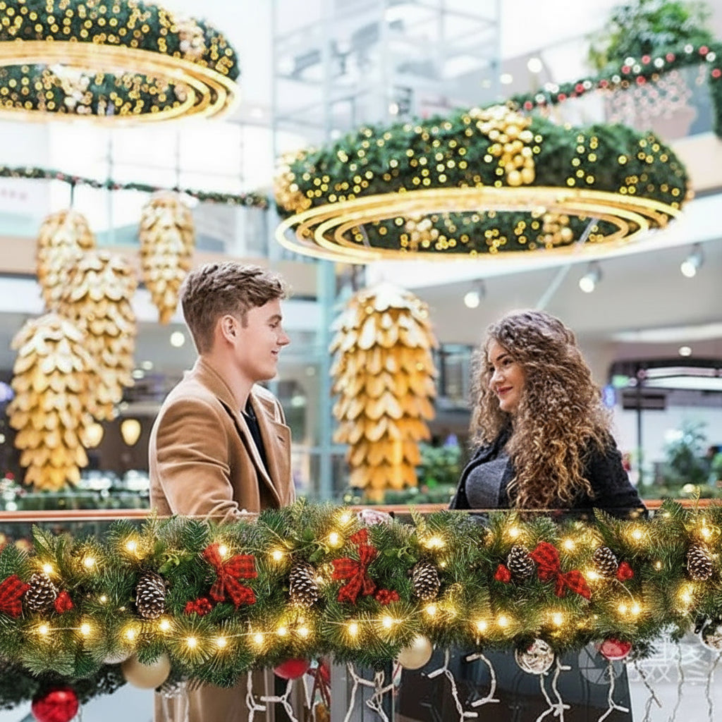 Ghirlanda de Crăciun Imperială, decorată cu Fundițe conuri, merișoar si instalație LED, 270cm