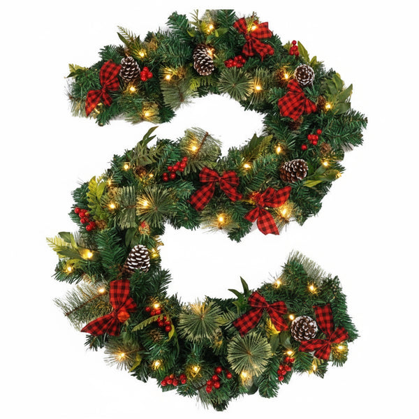 Ghirlanda de Crăciun Imperială, decorată cu Fundițe conuri, merișoar si instalație LED, 270cm