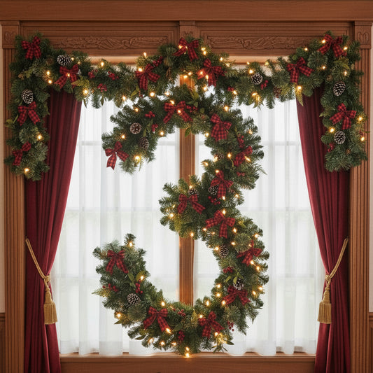 Ghirlanda de Crăciun Imperială, decorată cu Fundițe conuri, merișoar si instalație LED, 270cm