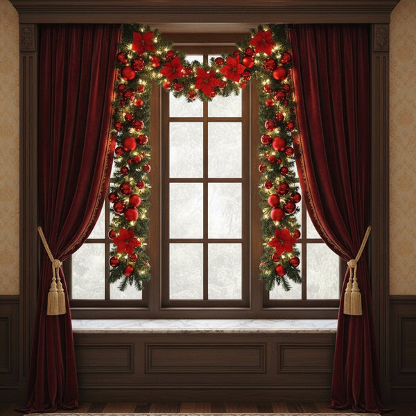 Ghirlanda Decorativă de Crăciun Model Premium cu Globulețe si Crciunite Roșii si Instalație LED cu baterii 2,7m