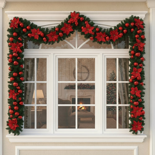 Ghirlanda Decorativă de Crăciun Model Premium cu Globulețe si Craciunite Roșii, 2,7m