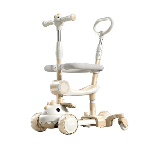 Trotineta Multifunctionala 6 in 1, Pentru Copii De La 10 Luni Pana La 12 Ani, Cu Maner De Impingere, Reglabil 360, Pliere Usoara, Reglarea Inaltimii,Model Dinozaur Alb/Bej