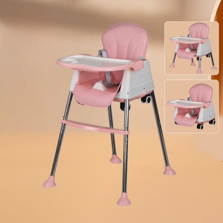 Scaun de Masa Pliabil 3in1, Reglabil, Multifunctional, 3 Pozitii, Masuta si Husa Detasabile, Roti, Centura de Siguranta, Ajustare Inaltime, Roz