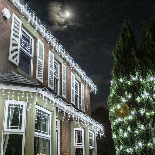 Instalație de Crăciun tip Franjuri/Turturi 12m , 300 LED-uri, 8 jocuri de lumini, INTERCONECTABILA, Lumina Alb Rece