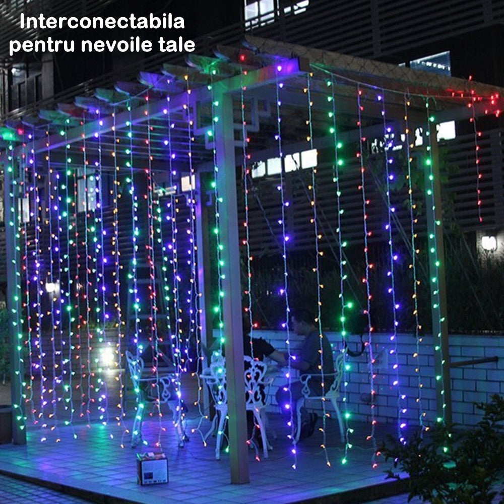 Instaltie de Crăciun tip perdea, 2m x 1m, 120 LED, 8 jocuri de lumini, INTERCONECTABILA, Lumina Multicolora