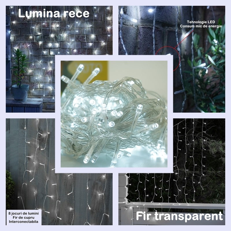 Instaltie de Crăciun tip Perdea, 5m x 1m, 200 LED-uri, 8 jocuri de lumini, INTERCONECTABILA, Lumina Alb Rece