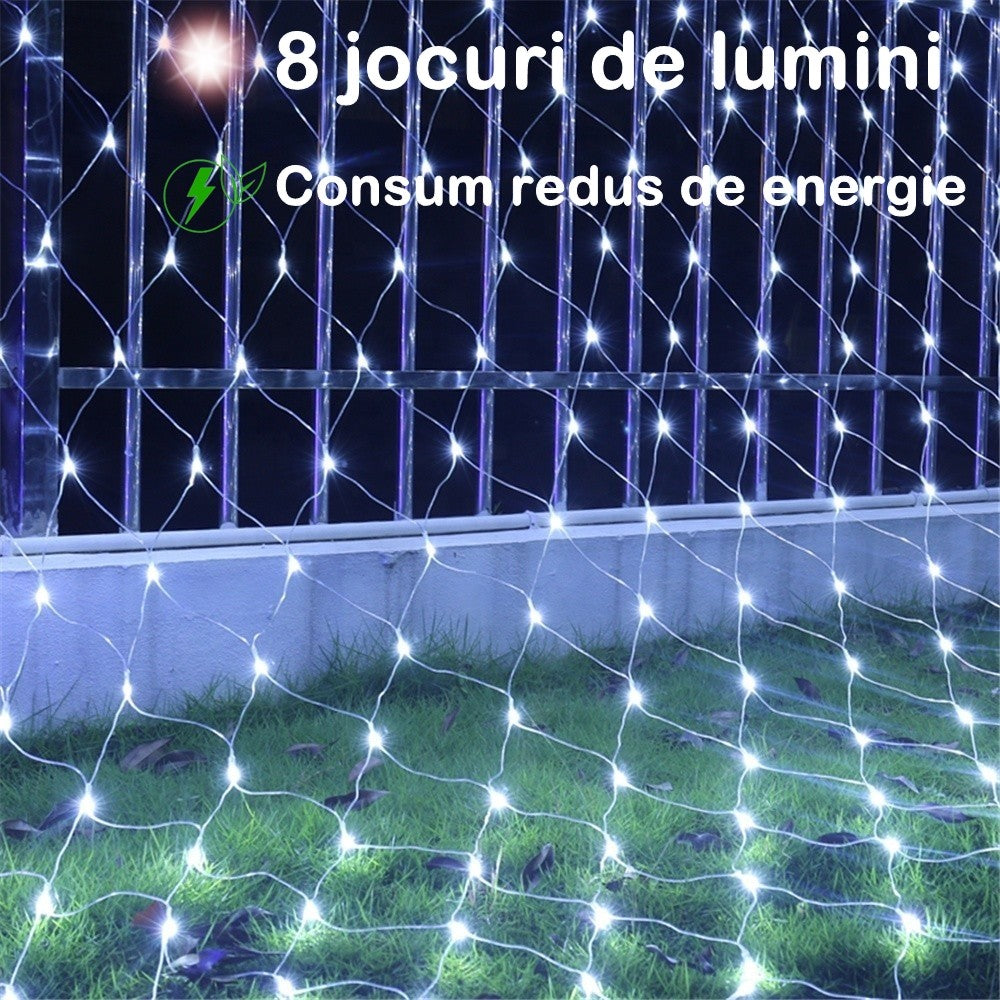 Instalație de Crăciun tip Plasa1.5m x1.5m, 120 LED-uri, 8 jocuri de lumini, interconectabila, Lumina Alb Rece