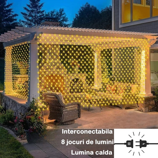 Instalație de Crăciun tip Plasa, 1.5m x 1.5m, 120 LED-uri, 8 jocuri de lumini, INTERCONECTABILA, Lumina Alb Cald