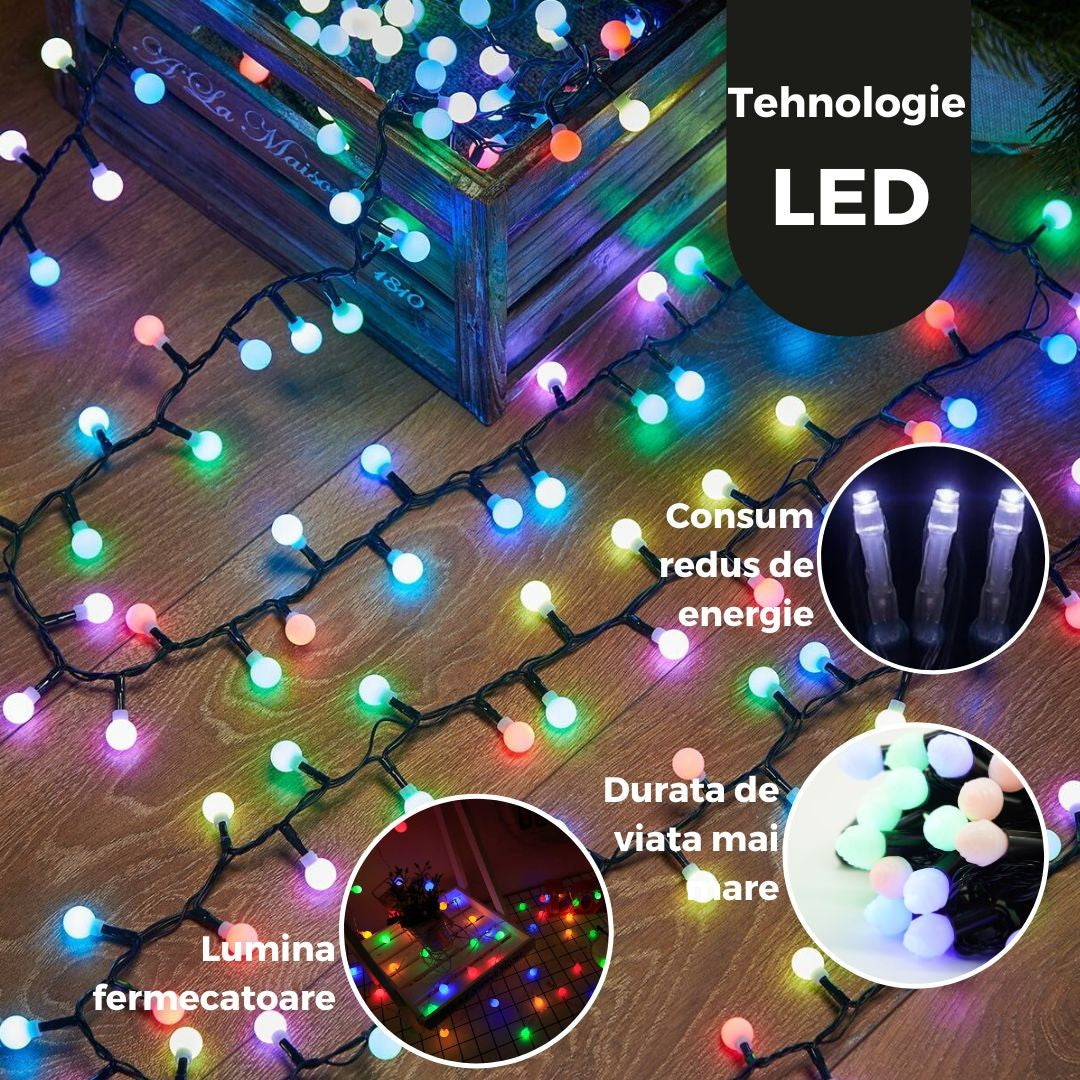 Instalație de Crăciun Liniara RGRB 9m, 40 LED model muguri mati, interconectabila, Lumina Multicolora