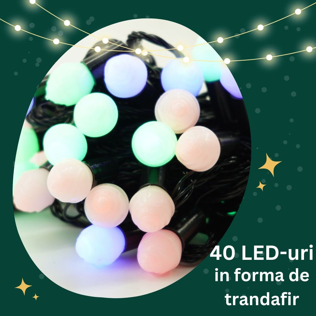 Instalație de Crăciun Liniara RGRB 9m, 40 LED model muguri mati, interconectabila, Lumina Multicolora