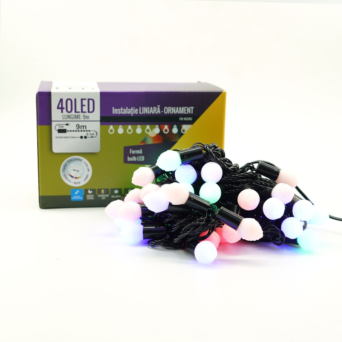 Instalație de Crăciun Liniara RGRB 9m, 40 LED model muguri mati, interconectabila, Lumina Multicolora