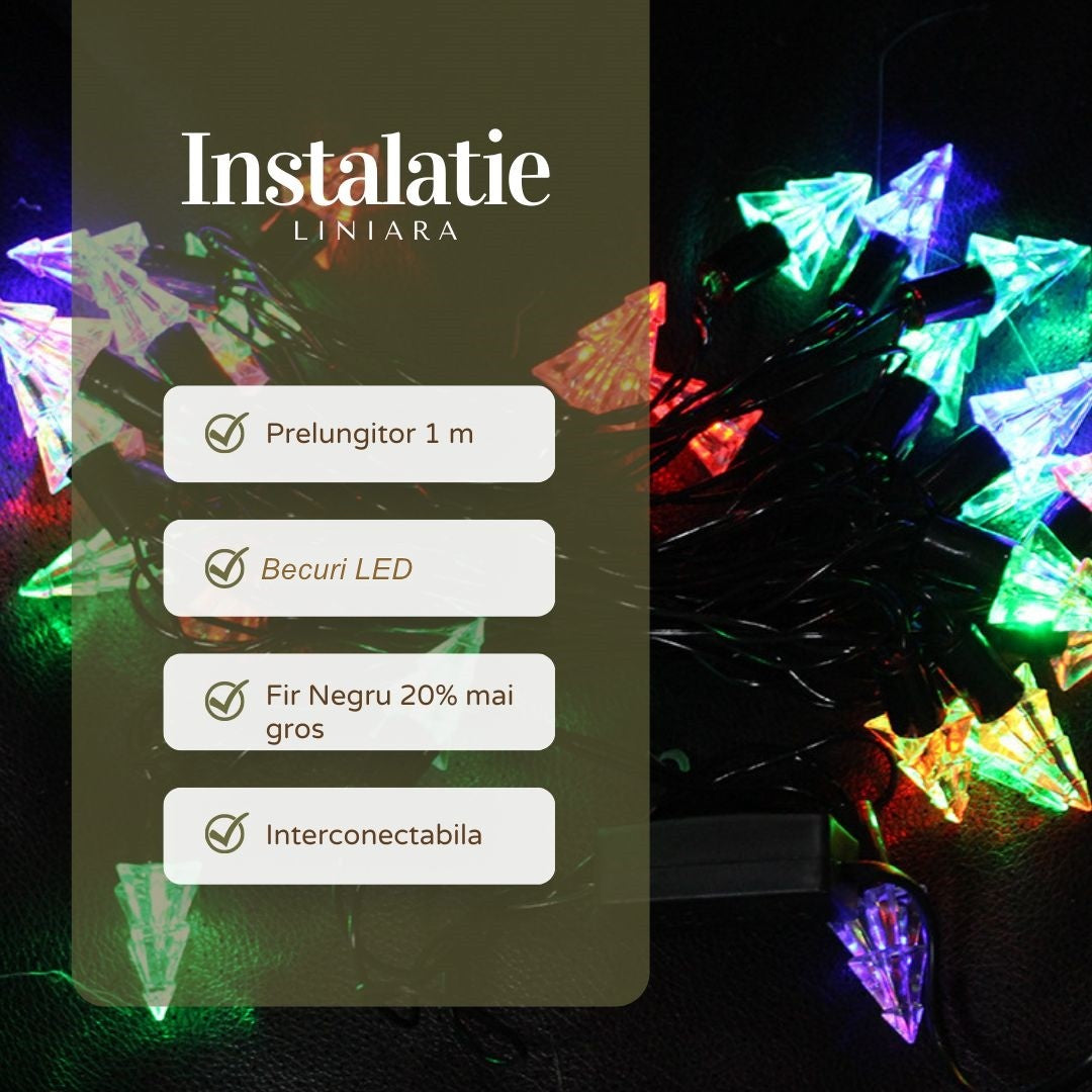 Instalație de Crăciun Liniara RGRB 9 M, 40 LED , model Brăduți , Lumina Multicolora