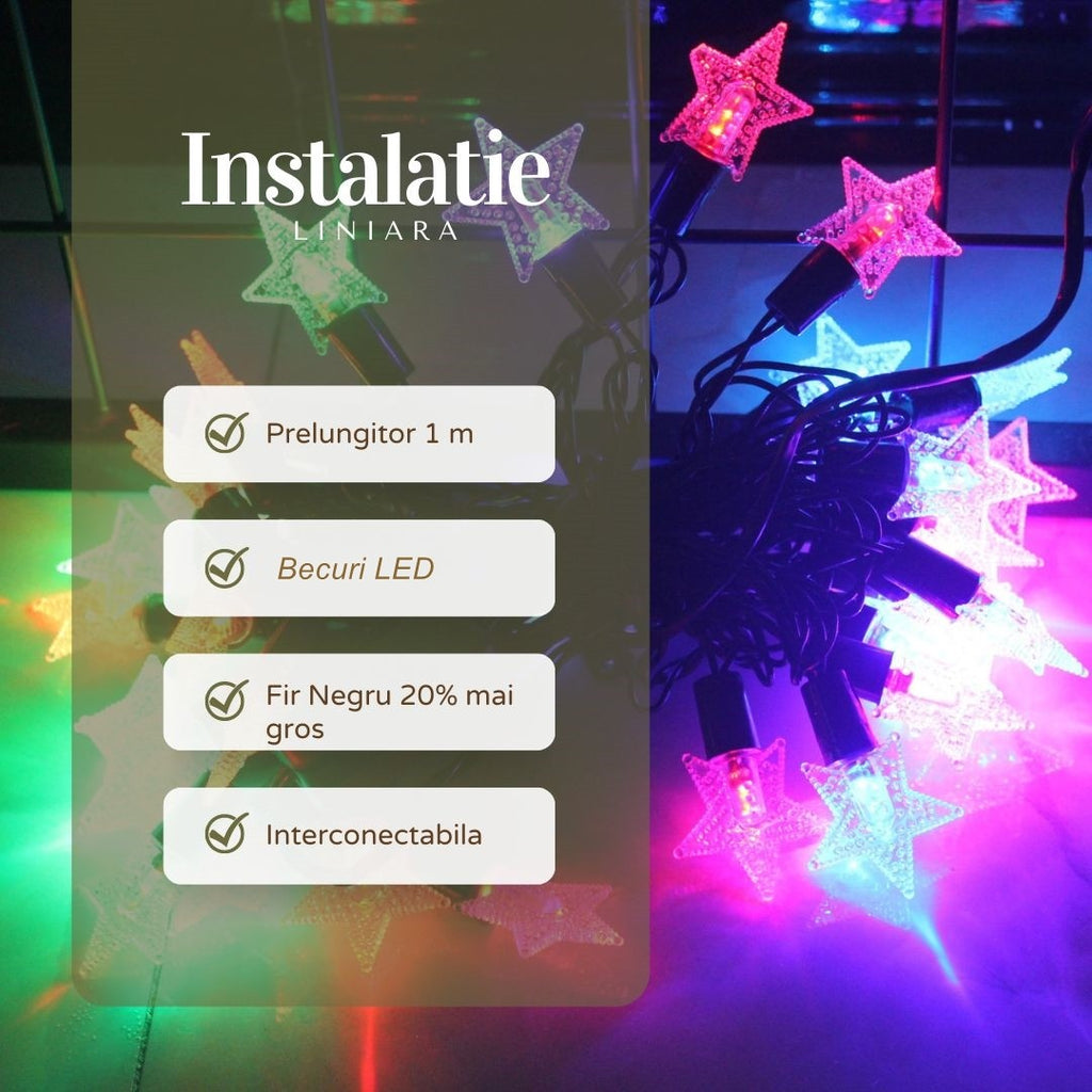 Instalație de Crăciun Liniara 9m, 40 LED model Steluțe, Lumina Multicolora