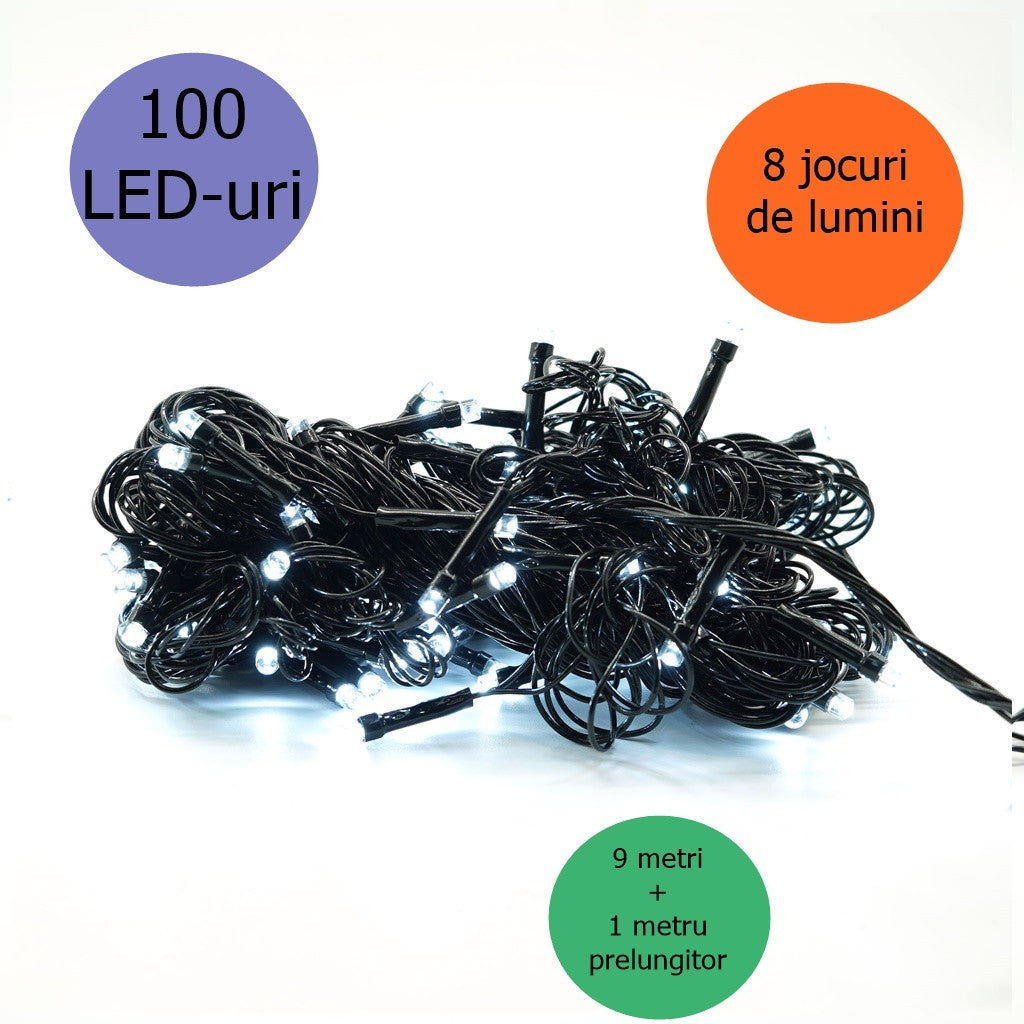 Instalație de Crăciun Liniara 9 m , 1 m cablu alimentare, 8 jocuri de lumini, 100 LED Alb rece