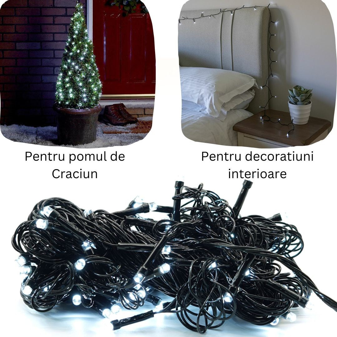 Instalație de Crăciun Liniara 9 m , 1 m cablu alimentare, 8 jocuri de lumini, 100 LED Alb rece