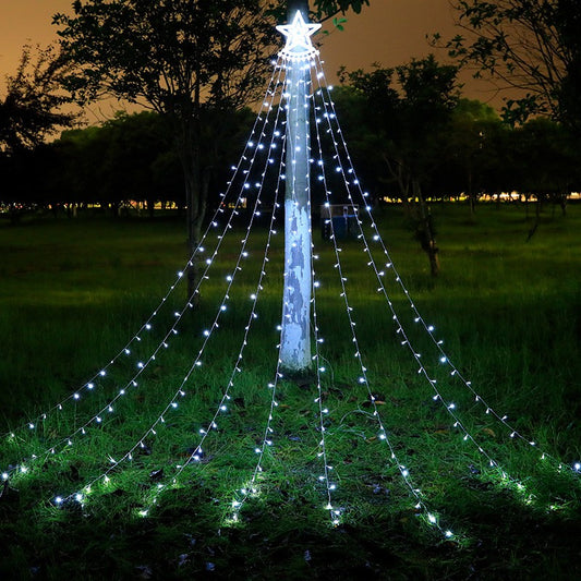 Instalație de Crăciun Solara tip plasa, cu stea luminoasa, 350 LED-uri, Lumina Alb Rece