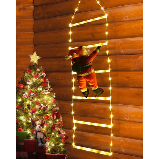 Instalație LED de Crăciun, cu Accesorii, Lumină Caldă, Lungime 1.5m, 120 de Luminite, 8 Moduri, Model Moș Crăciun pe Scară, Multicolor