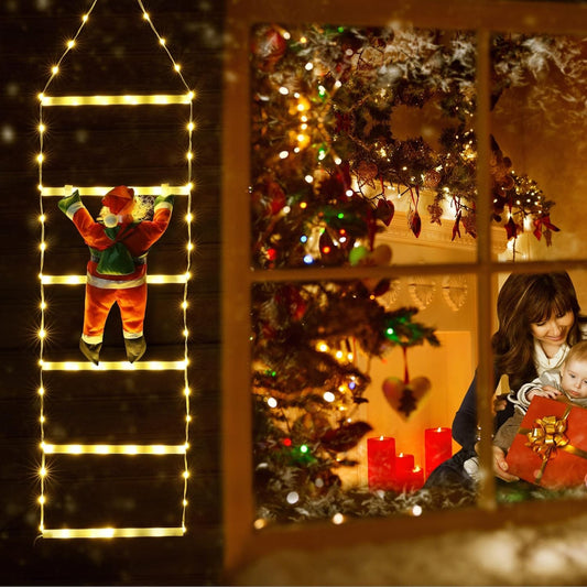 Instalație LED de Crăciun, cu Accesorii, Lumină Caldă, Lungime 1m, 80 de Luminite, 8 Moduri, Model Moș Crăciun pe Scară, Multicolor