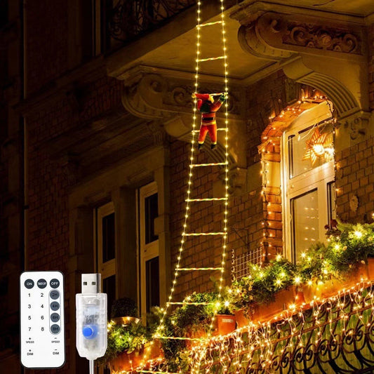 Instalație LED de Crăciun, cu Accesorii, Lumină Caldă, Lungime 3 m, 240 de Luminite, 8 Moduri, Model Moș Crăciun pe Scară, Multicolor