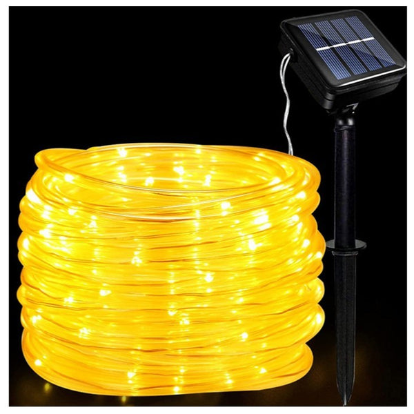 Instalație de Crăciun Solara, tip furtun luminos, 12 m, 100 LED-uri, 8 jocuri de lumini, Lumina Alb Cald