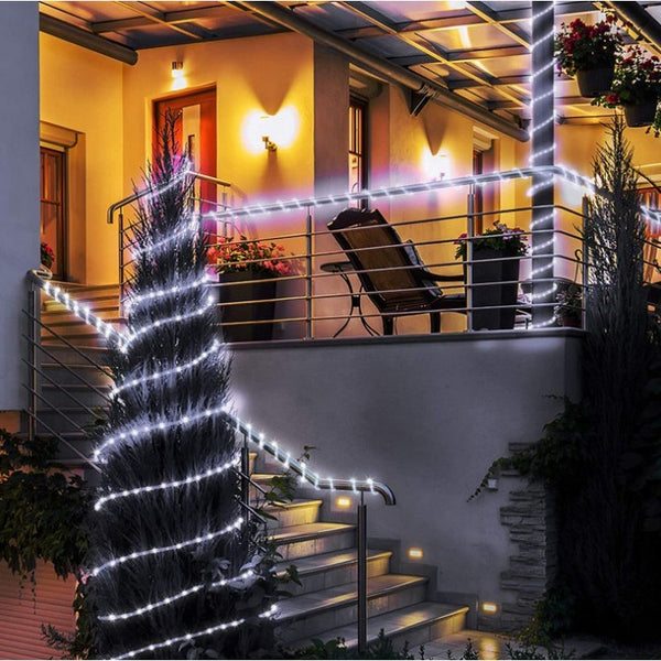 Instalație de Crăciun Solara, tip furtun luminos, 32 m, 300 LED-uri, 8 jocuri de lumini, Lumina Alb Rece