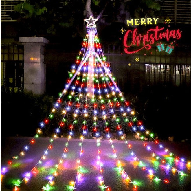 Instalație de Crăciun Solara tip plasa, cu stea luminoasa, 350 LED-uri, Lumina Multicolora