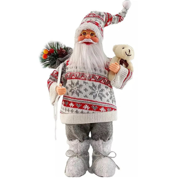 Figurină Decorativă Crăciun, Moș Crăciun cu Flori și Urs, 30cm