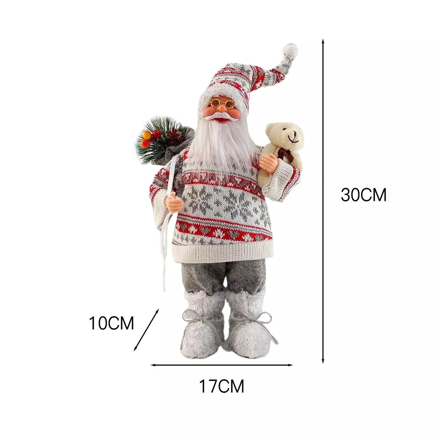 Figurină Decorativă Crăciun, Moș Crăciun cu Flori și Urs, 30cm