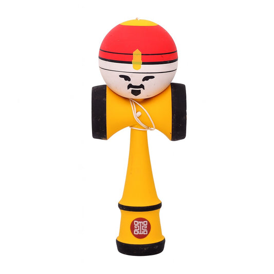 Jucărie KENDAMA "Rege" Mâner din Lemn Galben, 18 cm Bila Roșu-Alb