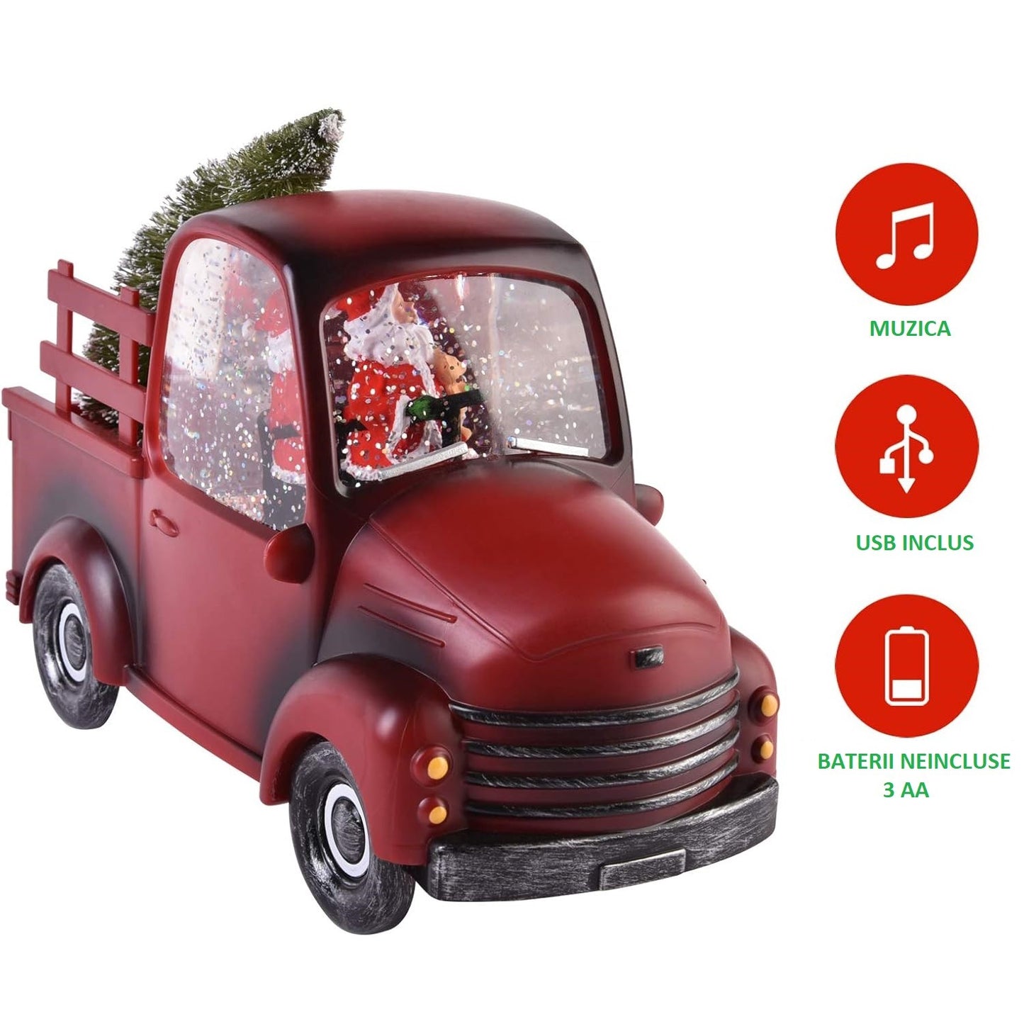 Decorațiune de Crăciun - Mașină cu Moș Crăciun și Brad, Cantece de Craciun, 3 Moduri