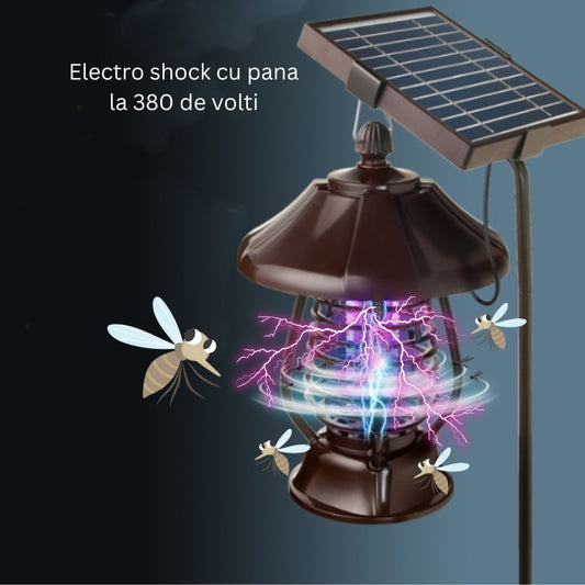 🌞 Lampa Solară Anti-Insecte MaisonElise, 2 Moduri, UV LED, Autonomie 8h, IP65, 5W, 30 x 19.5 cm, Maro, Protecție 380V Electric Shock