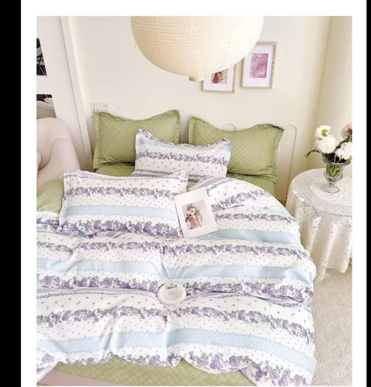 Lenjerie de pat, 6 piese, din bumbac satinat, cu model imprimat Multicolor