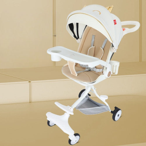 Cărucior sport 3in1, 6-36 luni , reversibil, pliabil, tăviță pentru masa, roti 360 si parasolar-Model Pisica-Alb