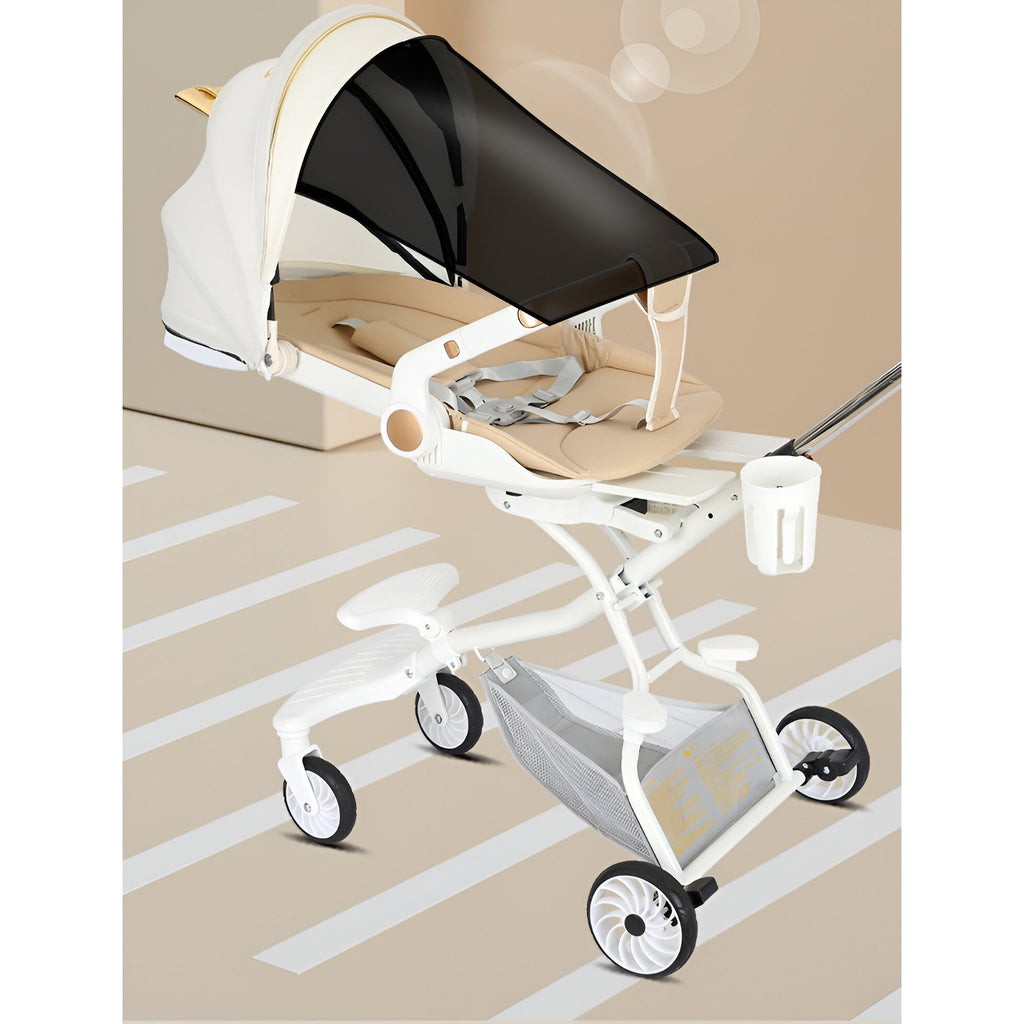 Cărucior sport 3in1, 6-36 luni , reversibil, pliabil, tăviță pentru masa, roti 360 si parasolar-Model Pisica-Alb