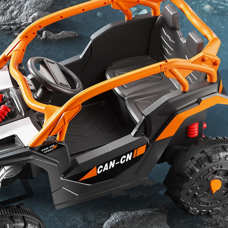 Mașina Electrica pentru copii tip Buggy / UTV OFF-ROAD, Dual Drive, Conexiune BT, telecomanda parentala, Lumini si Muzica , 2 ACUMULATORI , NEGRU-PORTOCALIU