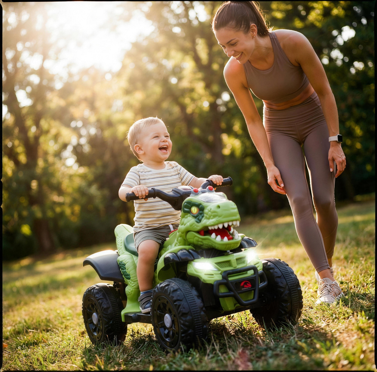 Copil fericit pe ATV-ul electric dinozaur