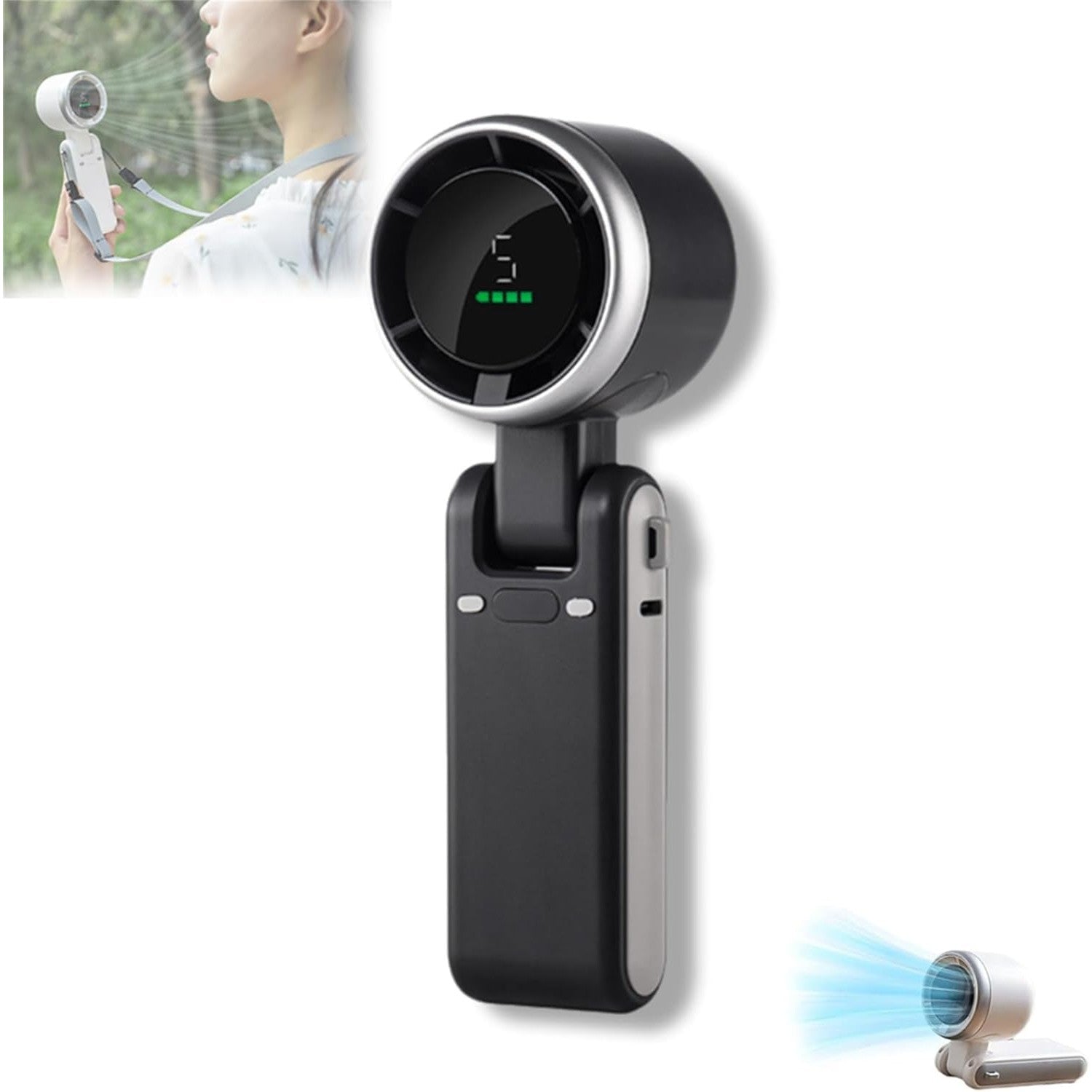 Mini Ventilator Portabil Maison Elise – 5 Trepte de Viteză, Afișaj Digital, Încărcare USB-C, Ultra Silențios, 180° Reglabil, 200g – Negru, Alb sau Verde
